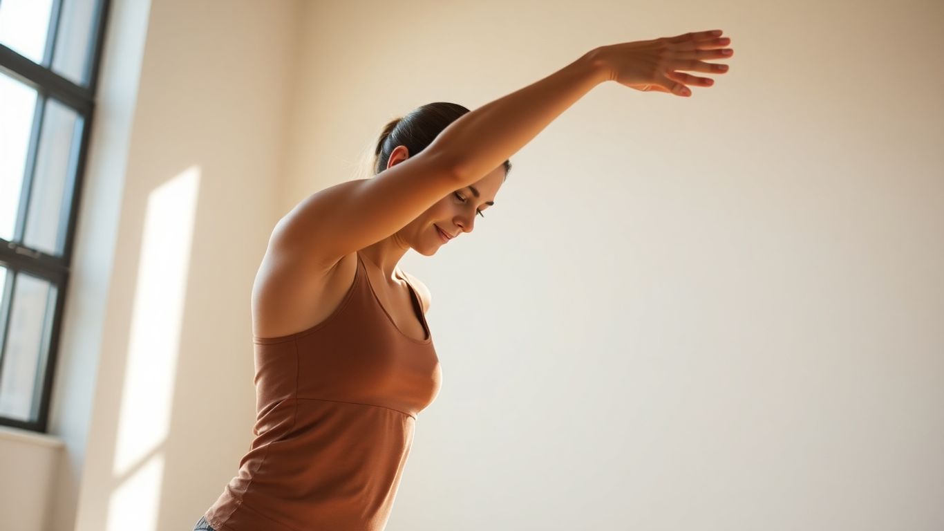 Person performing a gentle strength exercise with focus and grace.