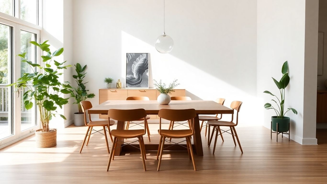 Modern wood dining table in stylish sunlit dining room