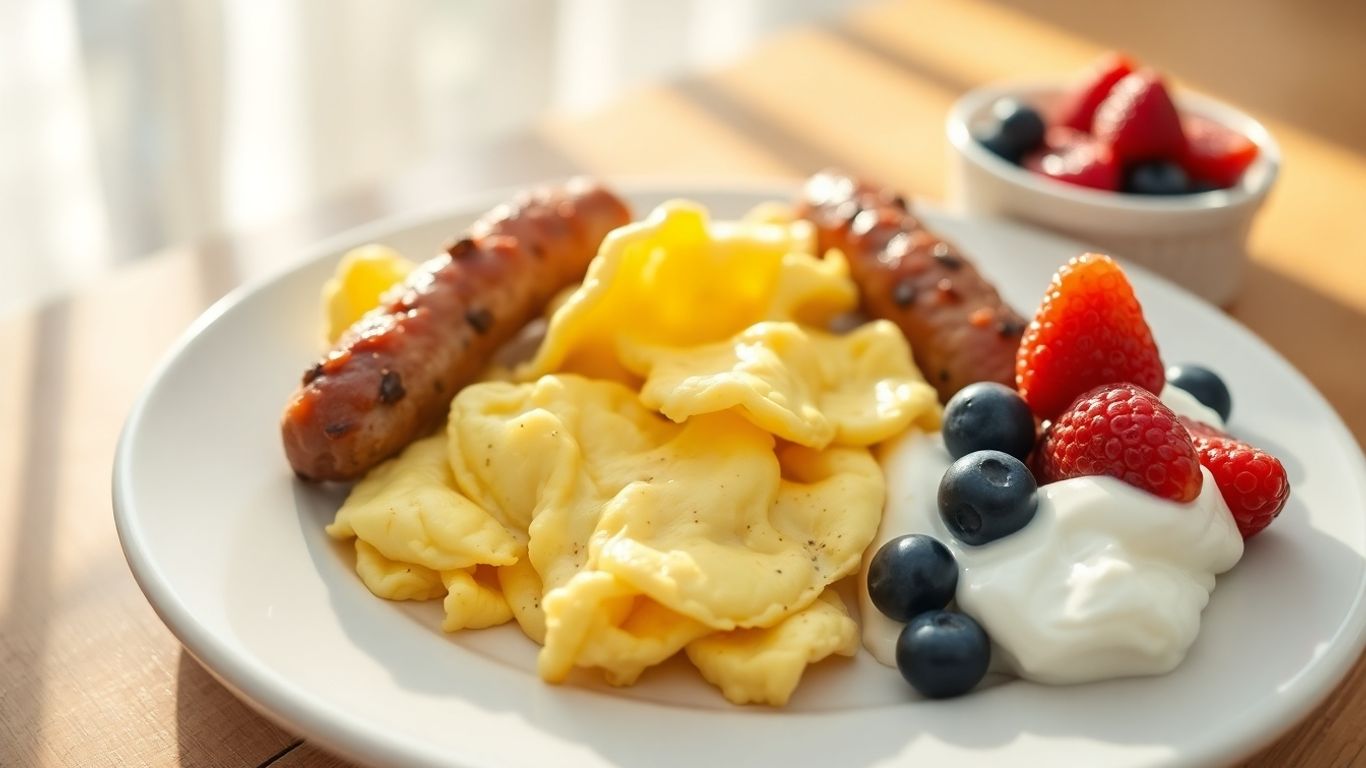 High protein breakfast plate with eggs, sausage, and yogurt.