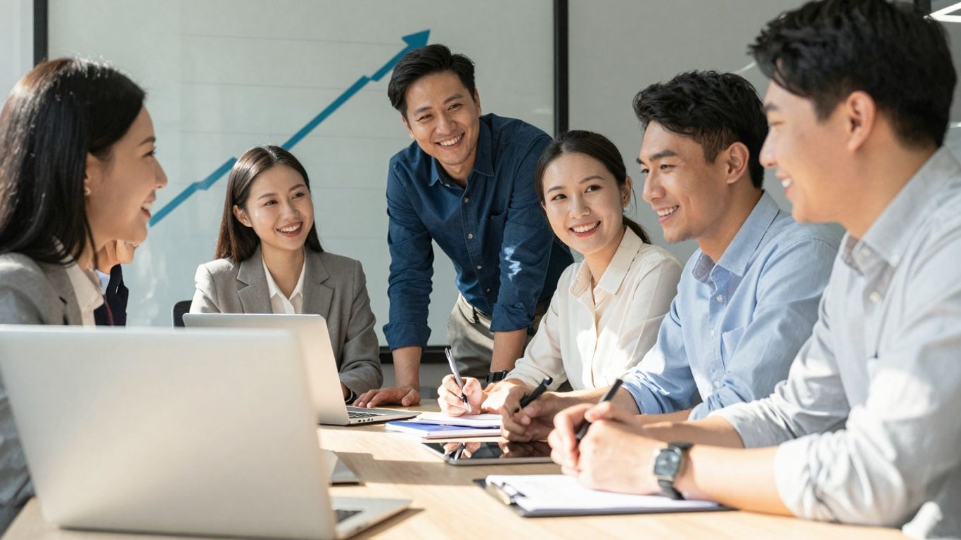 Business professionals collaborating, growth implied.