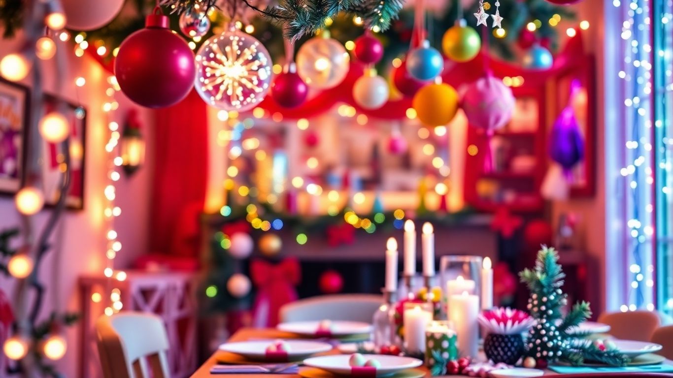 Festive DIY holiday party decorations and table setting.