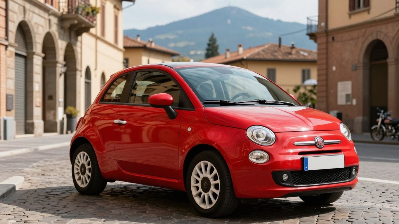 Red Fiat 500 parked on Bologna street