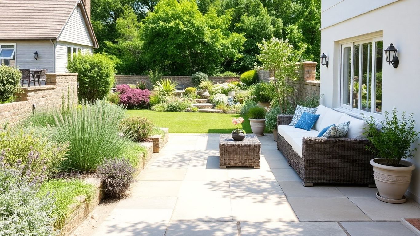 Coastal patio in Kingsbridge with natural stone and garden seating.