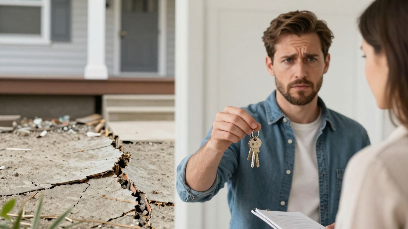 Homeowner looking at cracked house foundation.