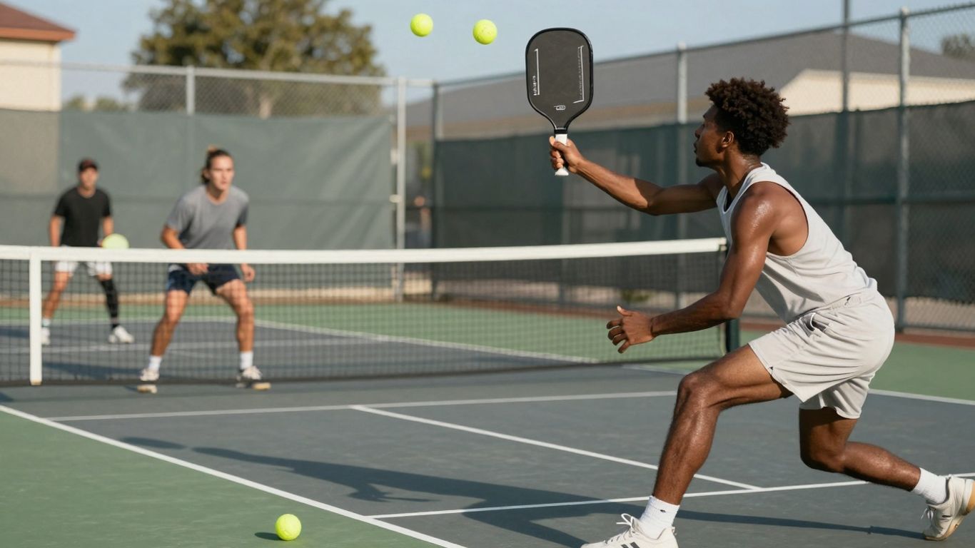 Pickleball players in action on a sunny court.