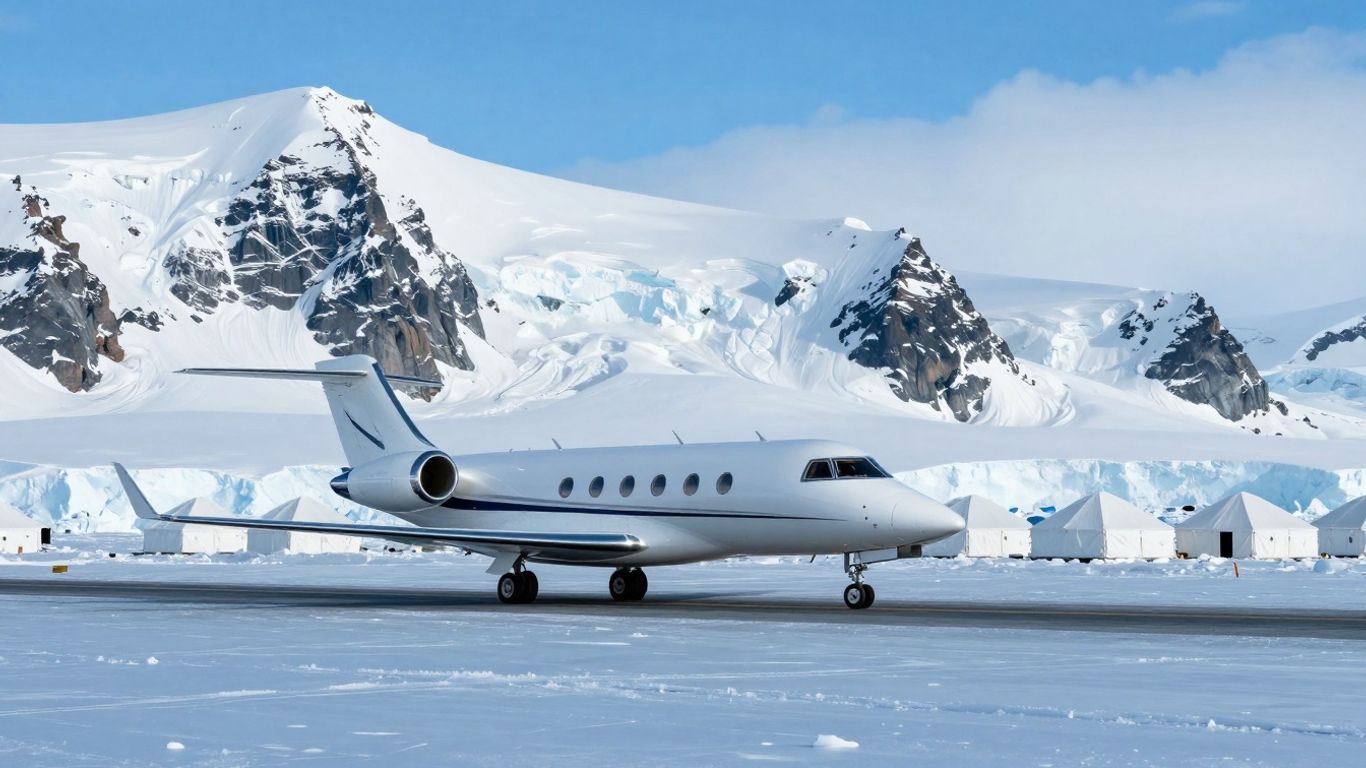 Private jet on blue-ice runway in Antarctica with tents.