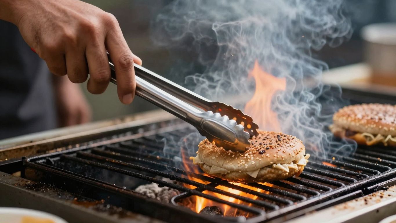 Grilling a burger safely on a hot barbecue grill.