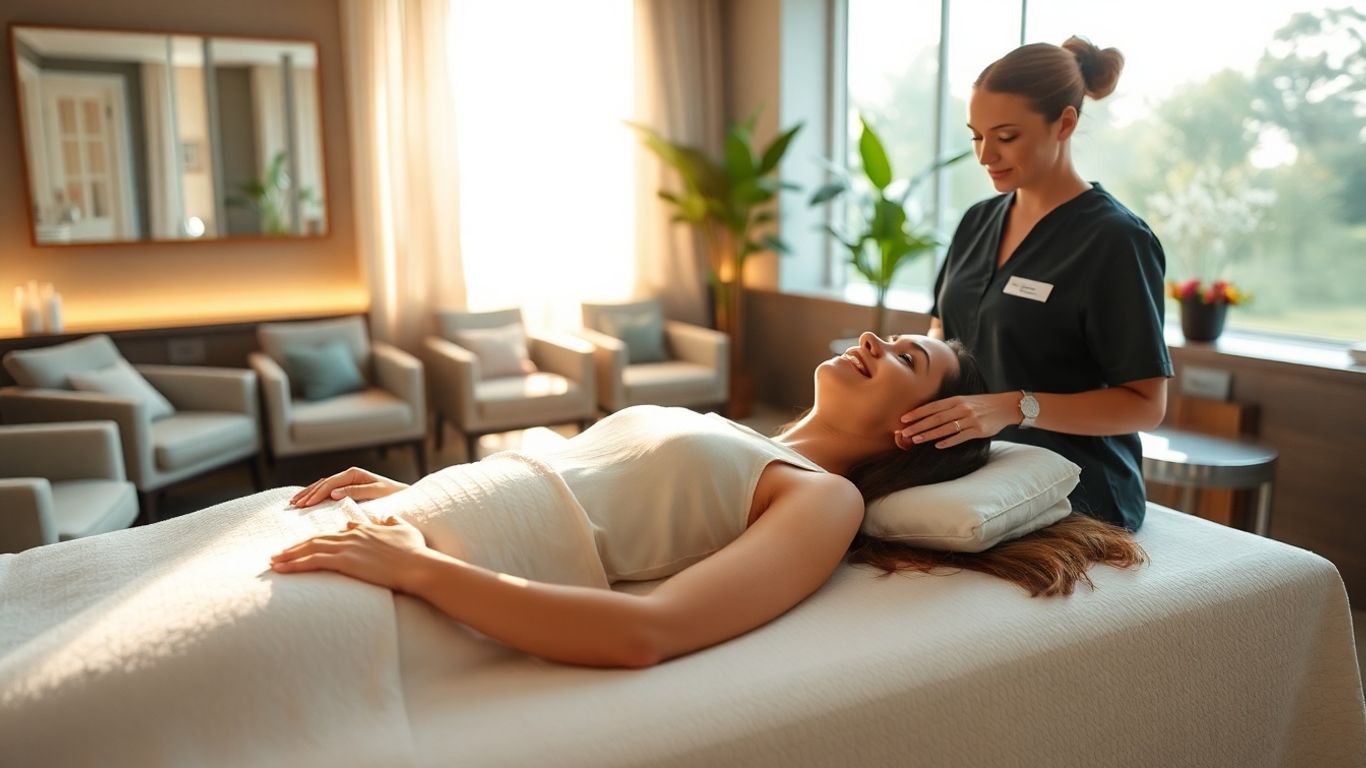 Woman relaxing in a luxurious med spa treatment room.
