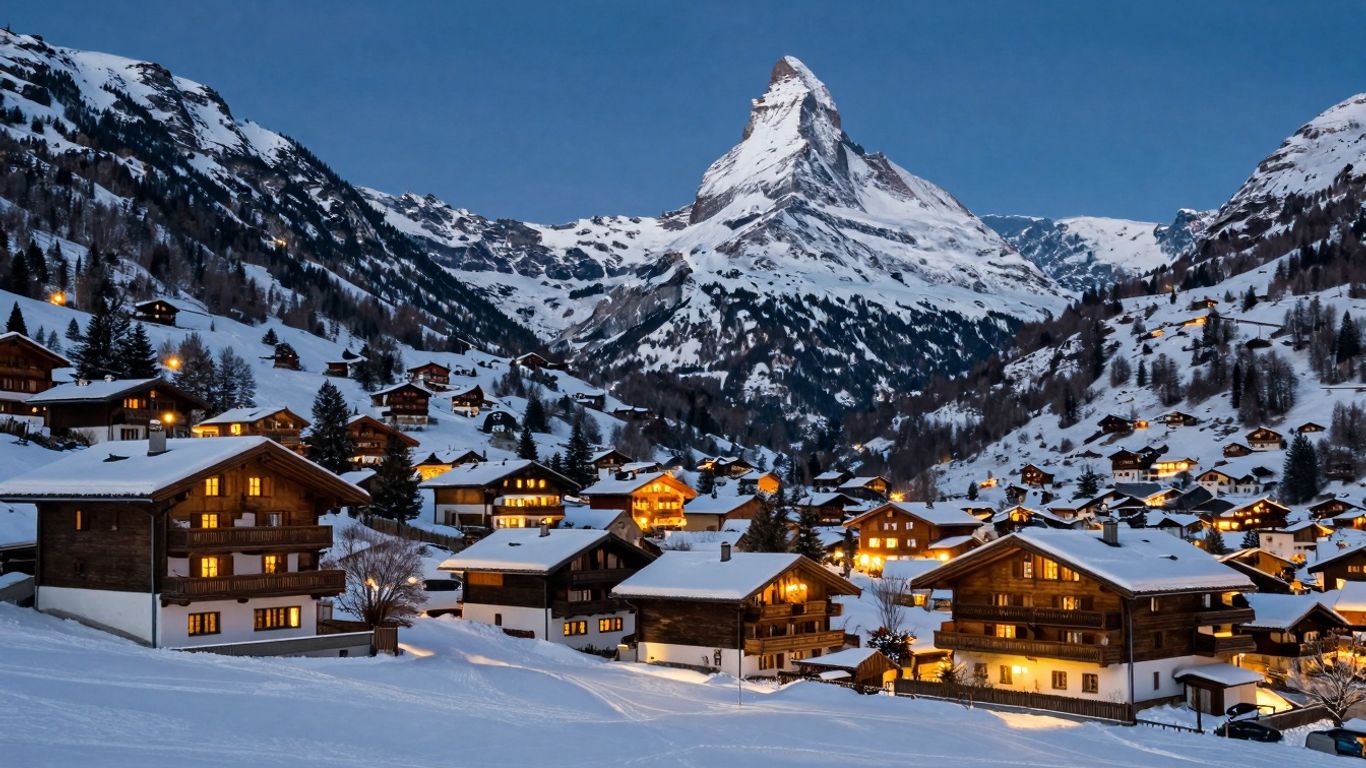 Snowy Austrian mountains above a charming village.