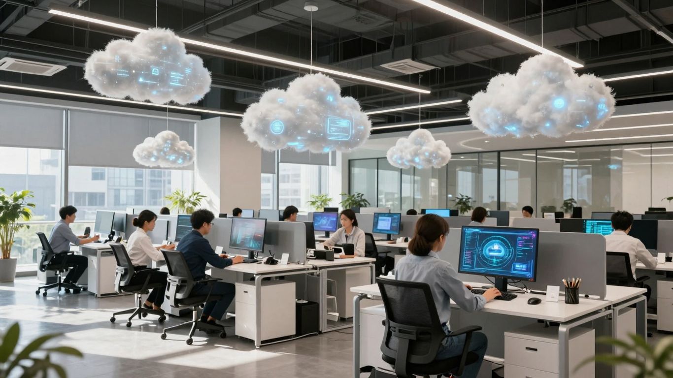 Cloud computing optimizând operațiunile zilnice în birou.