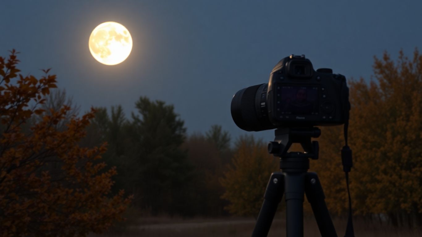 Super lune brillante sur paysage d'automne avec photographe