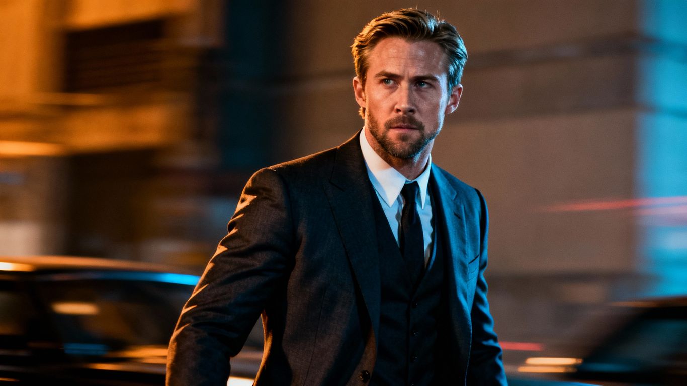 [Ryan Gosling] in a suit, cinematic background.