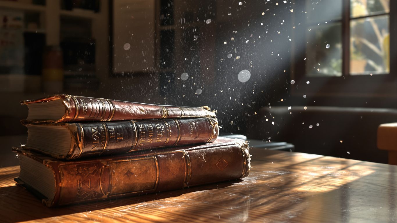 Ancient books bathed in sunlight on a wooden table.