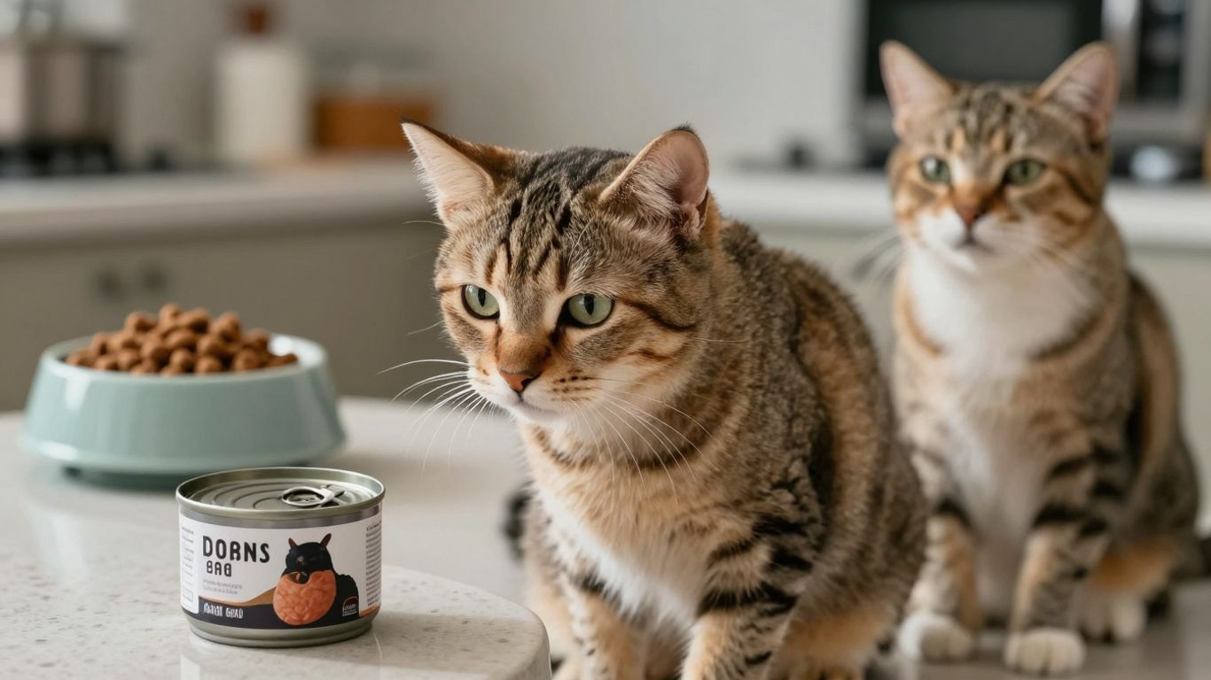 Cat looking at tuna can, healthy cat nearby.
