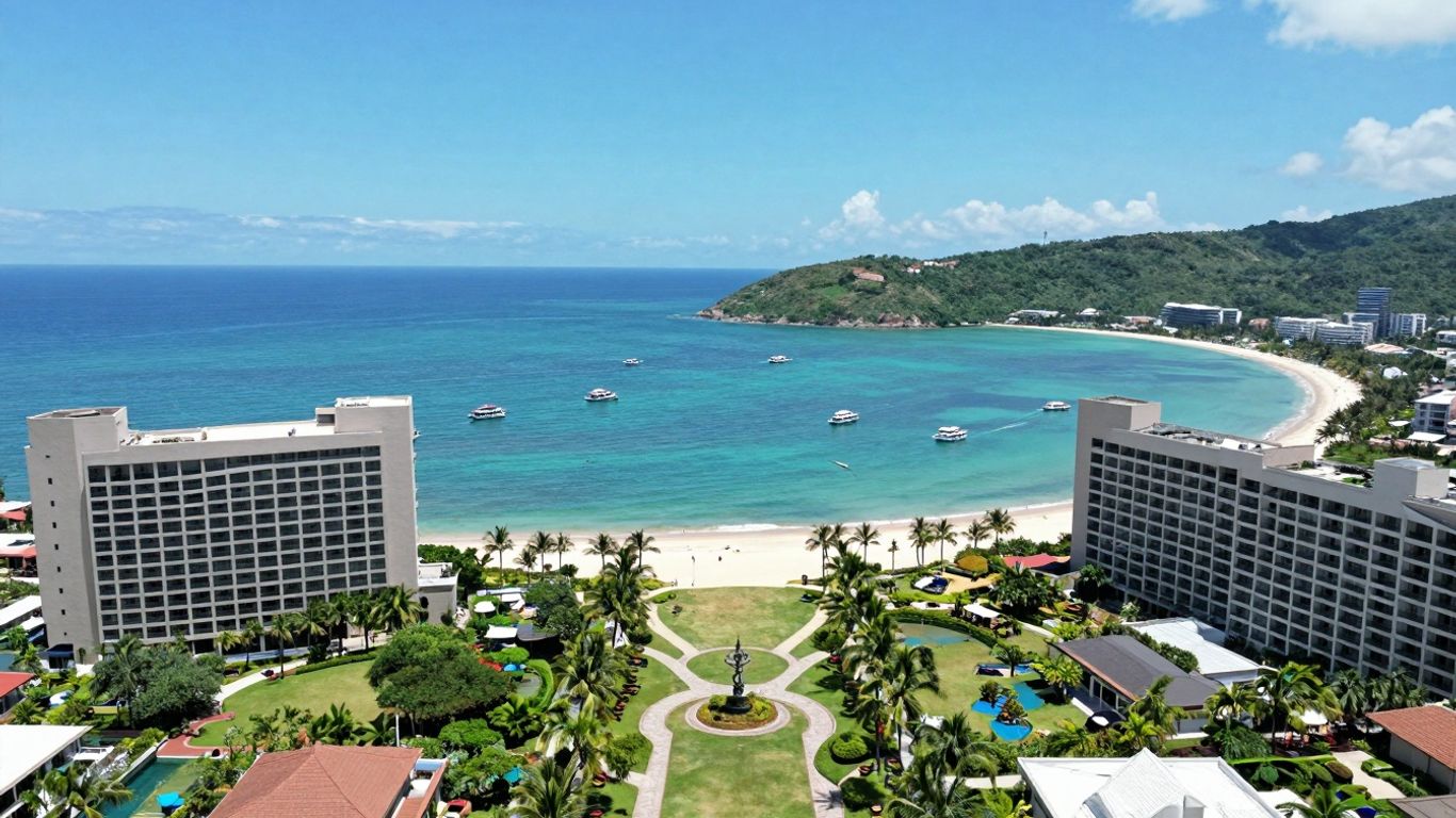 Aerial view of Patong beach, Phuket, with hotels and ocean.