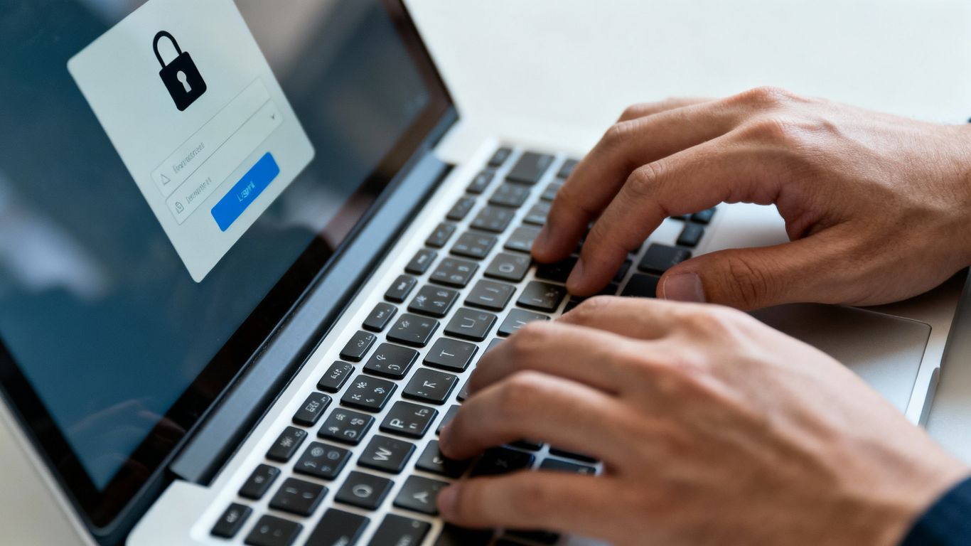 Mãos digitando em um laptop com ícone de cadeado.