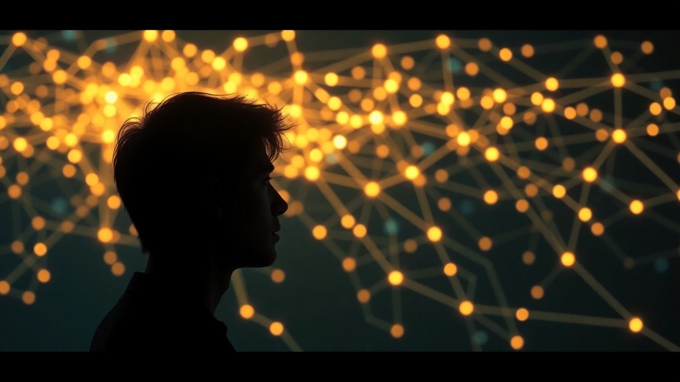 AI network illuminating a person's silhouette.