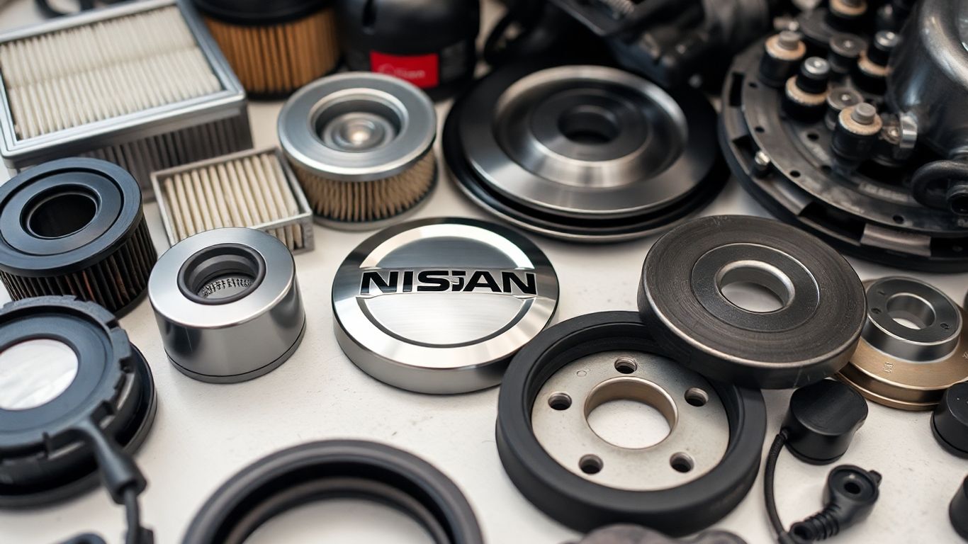 Affordable Nissan auto parts laid out for viewing.