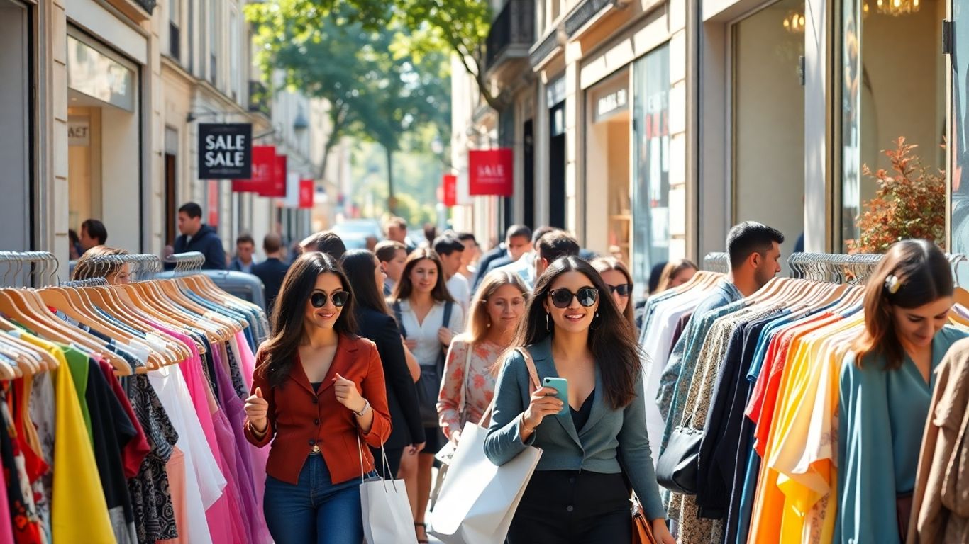 Shoppers parisiens profitant des promotions mode.