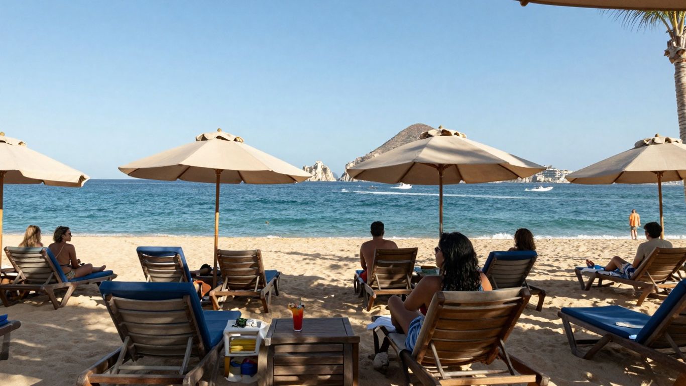 Mango Deck Cabo beach club with ocean and lounge chairs.
