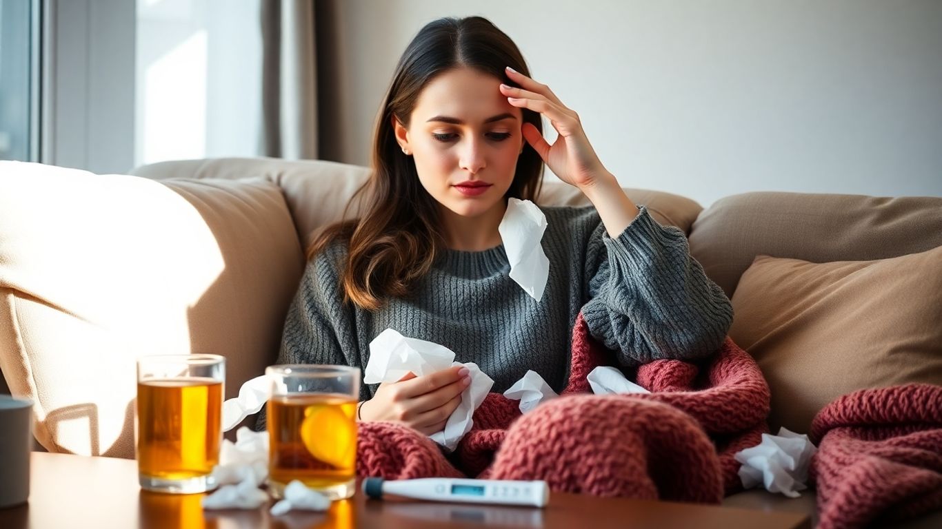 Erkältete Frau auf Sofa mit Taschentüchern und Tee
