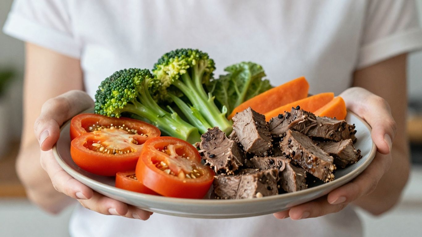 Person holding a plate of healthy food.