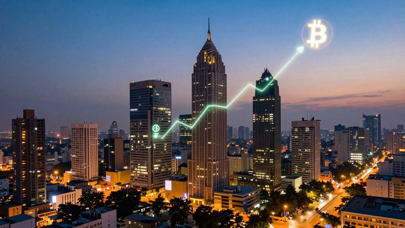 Indian cityscape with crypto symbols and upward trend.