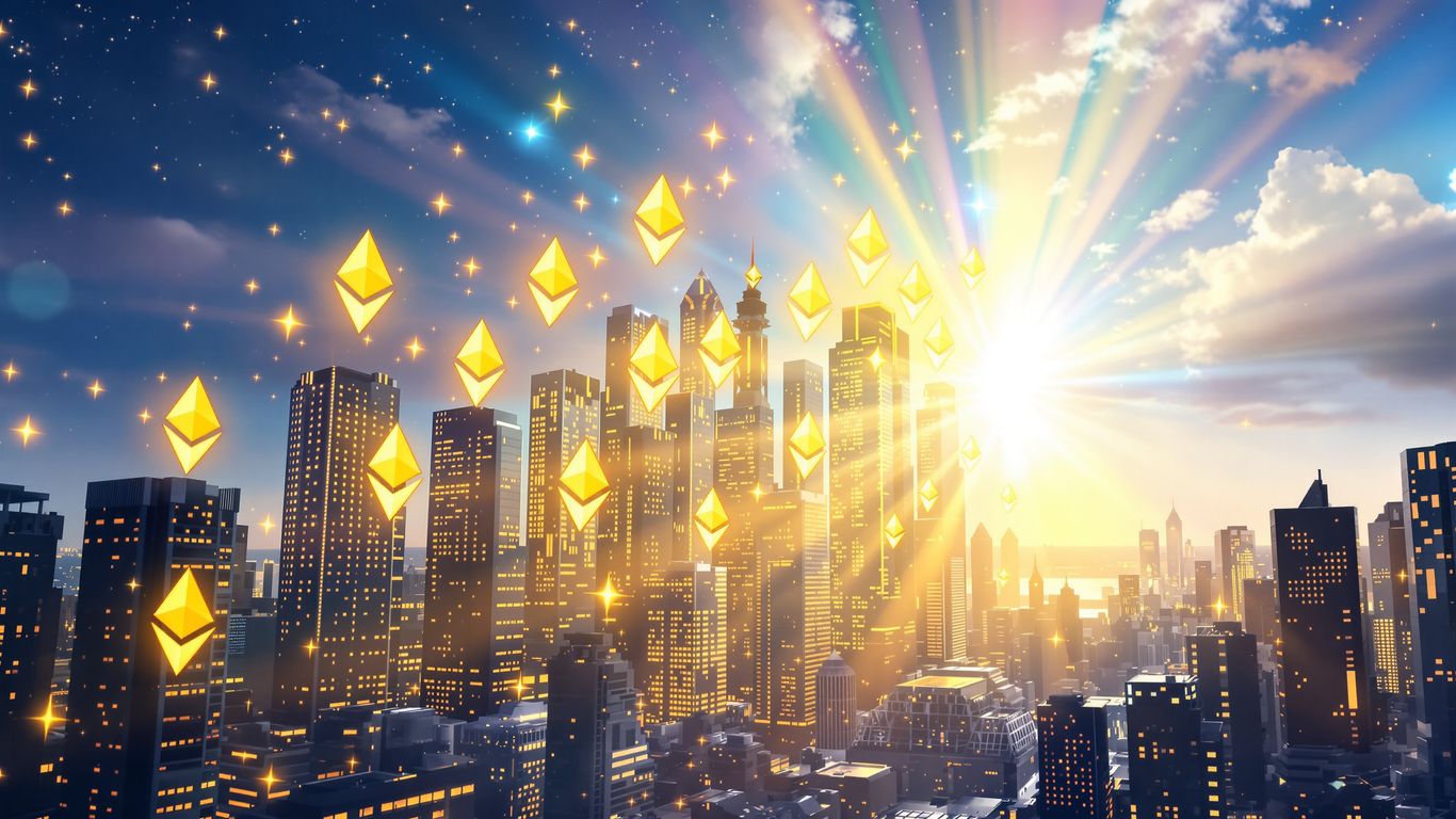 Ethereum symbols rising in a digital city.