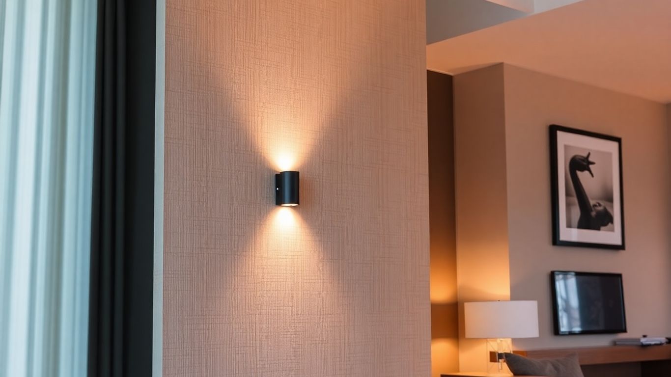 Modern living room with LED wall mount lights illuminating artwork.