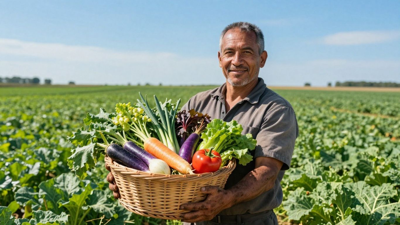 Fermier prezentând legume proaspăt culese de la ferma locală.