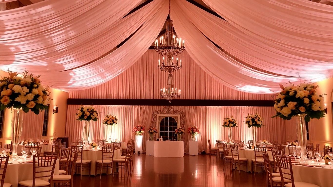 Elegant venue interior with floral arrangements and soft lighting.
