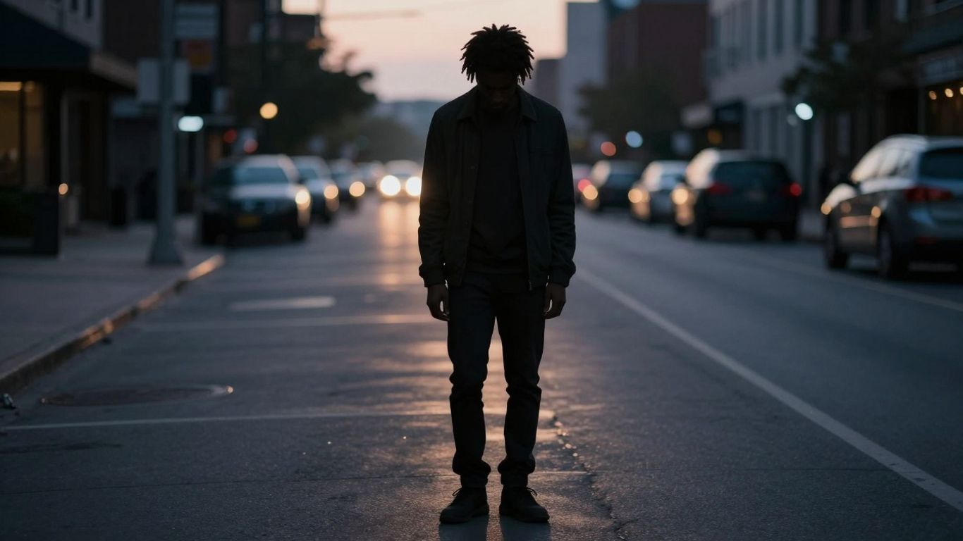 Person isolated against city backdrop.