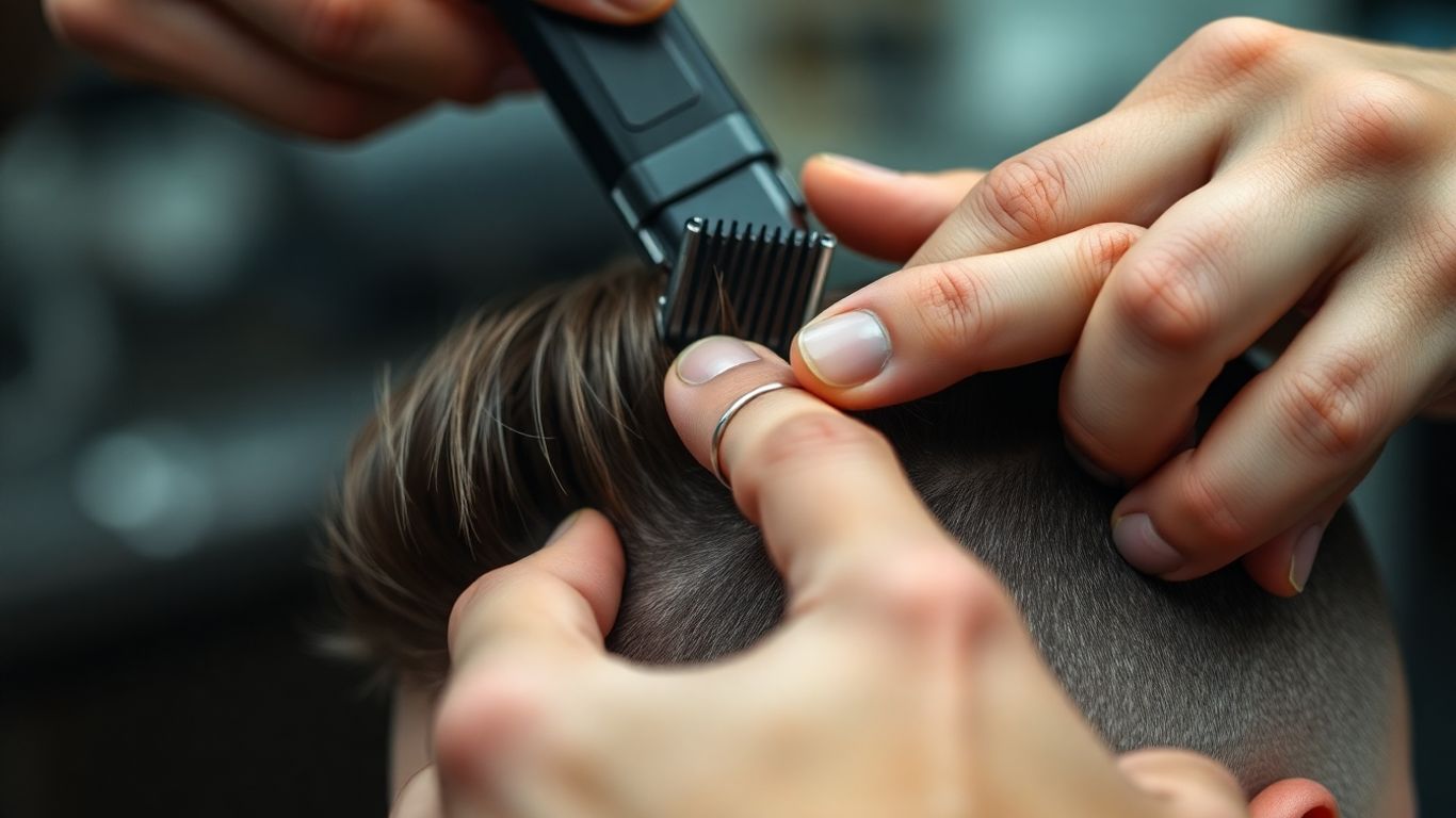 Barber's hands expertly cutting hair with clippers.