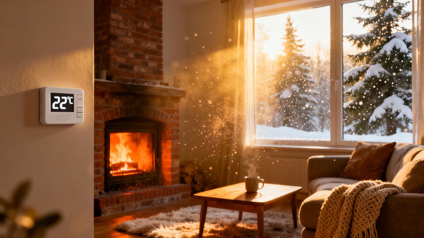 Cozy living room with fireplace and sunlight.