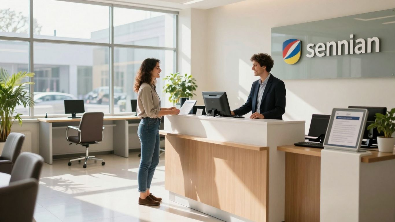 Customer at a German bank counter.