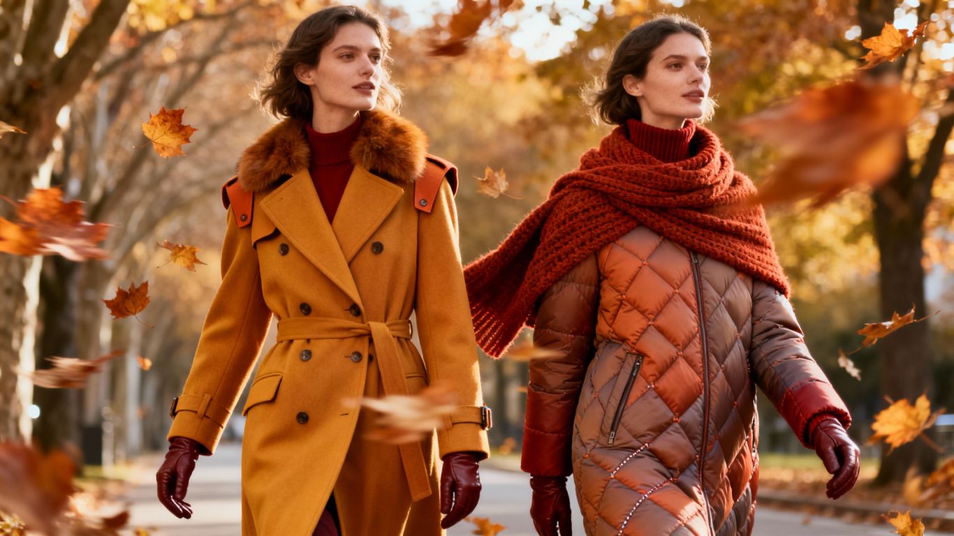 Woman wearing a stylish autumn coat, fall fashion trends.