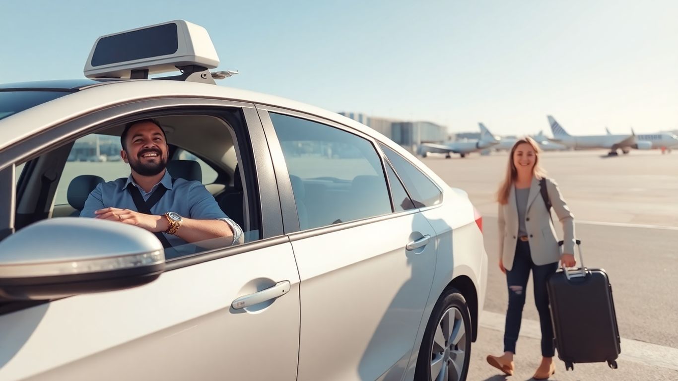 Airport taxi driver greets relaxed passenger at terminal.