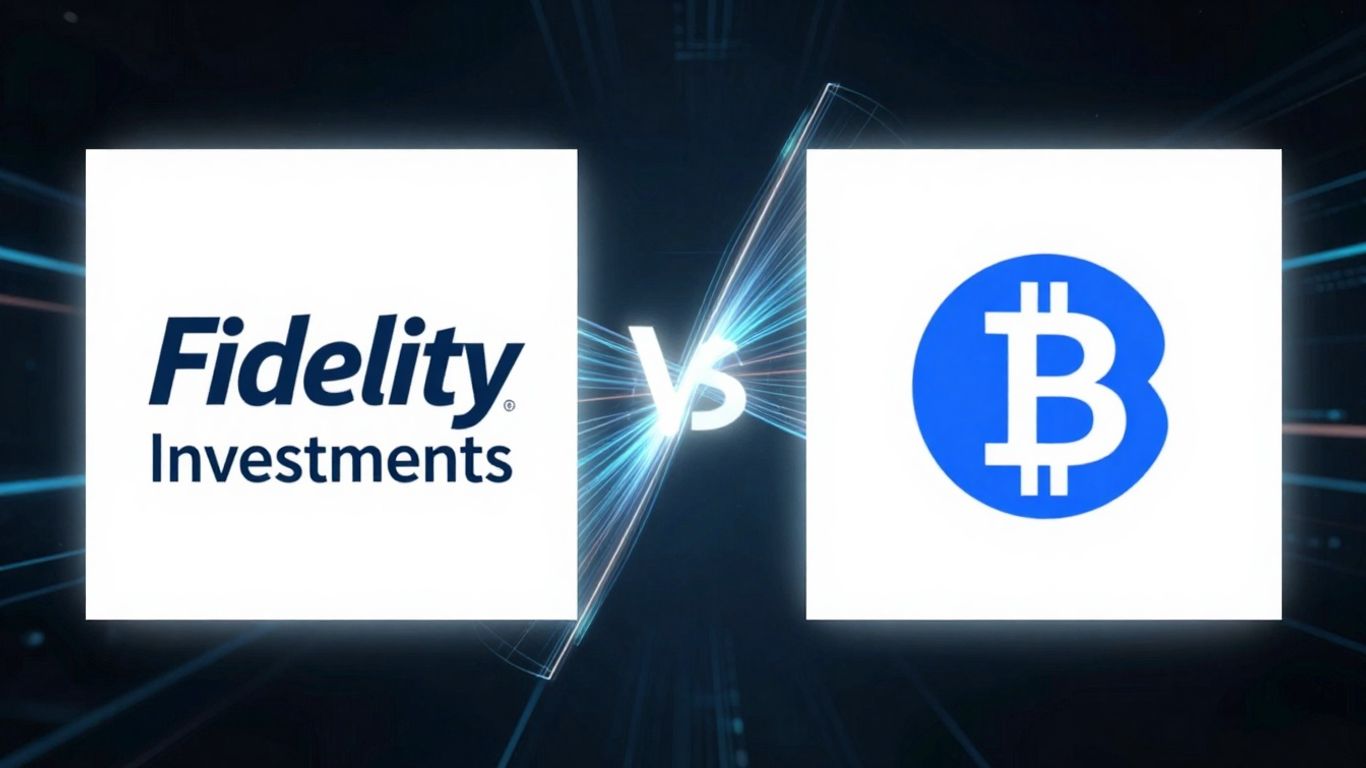 Fidelity Crypto vs Coinbase logos with digital currency elements.