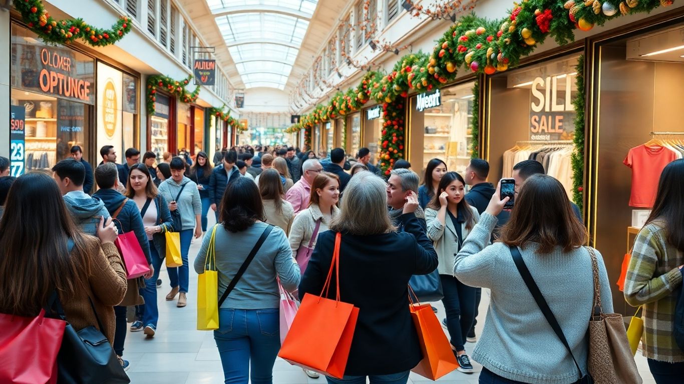 Shoppers and influencers at an autumn-themed shopping mall.