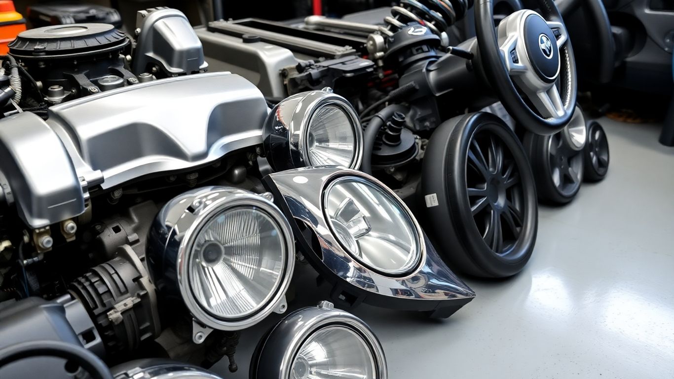 Used Mini Cooper car parts laid out for inspection.