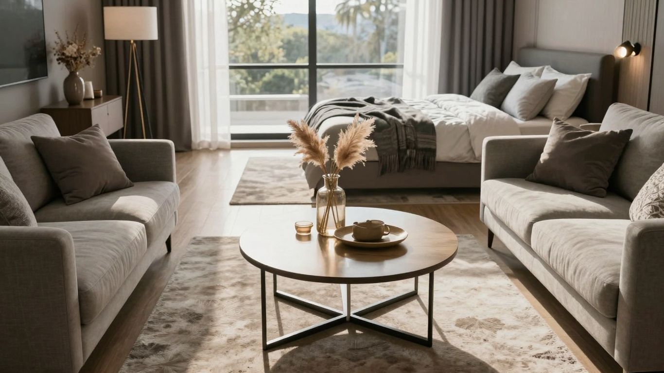 Stylish Airbnb living room and bedroom with modern furnishings.