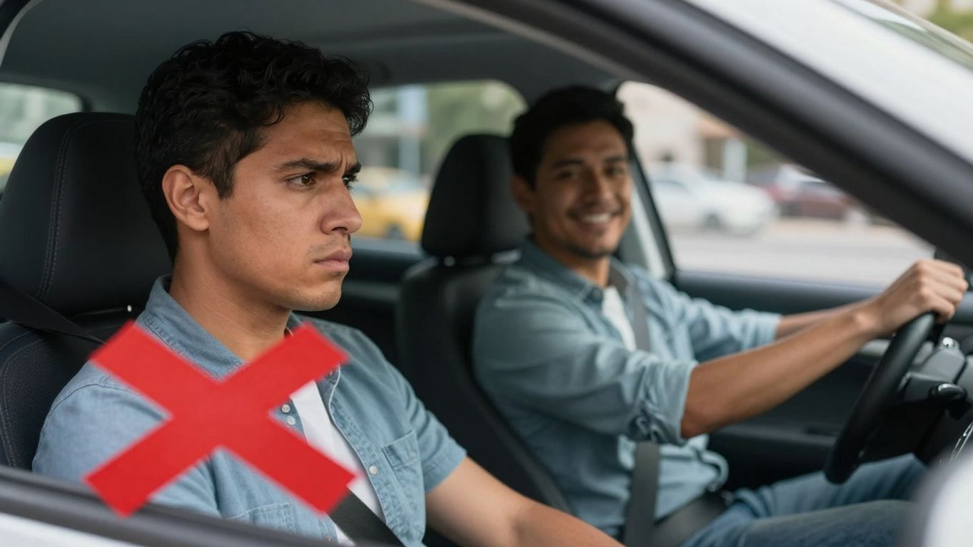 Driver looking at car with red X, then smiling in new car.
