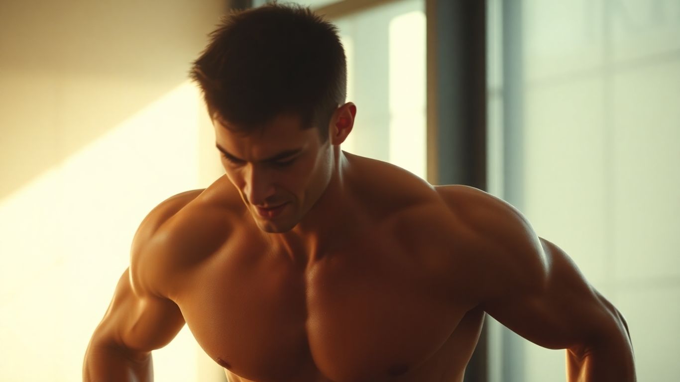 Athlete in motion, post-workout, with sunlight highlighting muscles.
