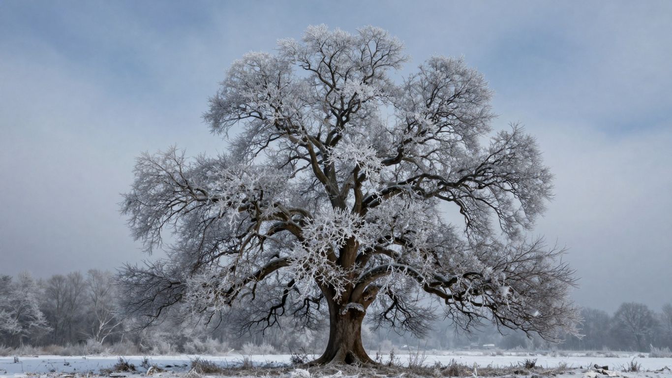 Tree enduring a winter storm with snow and ice.
