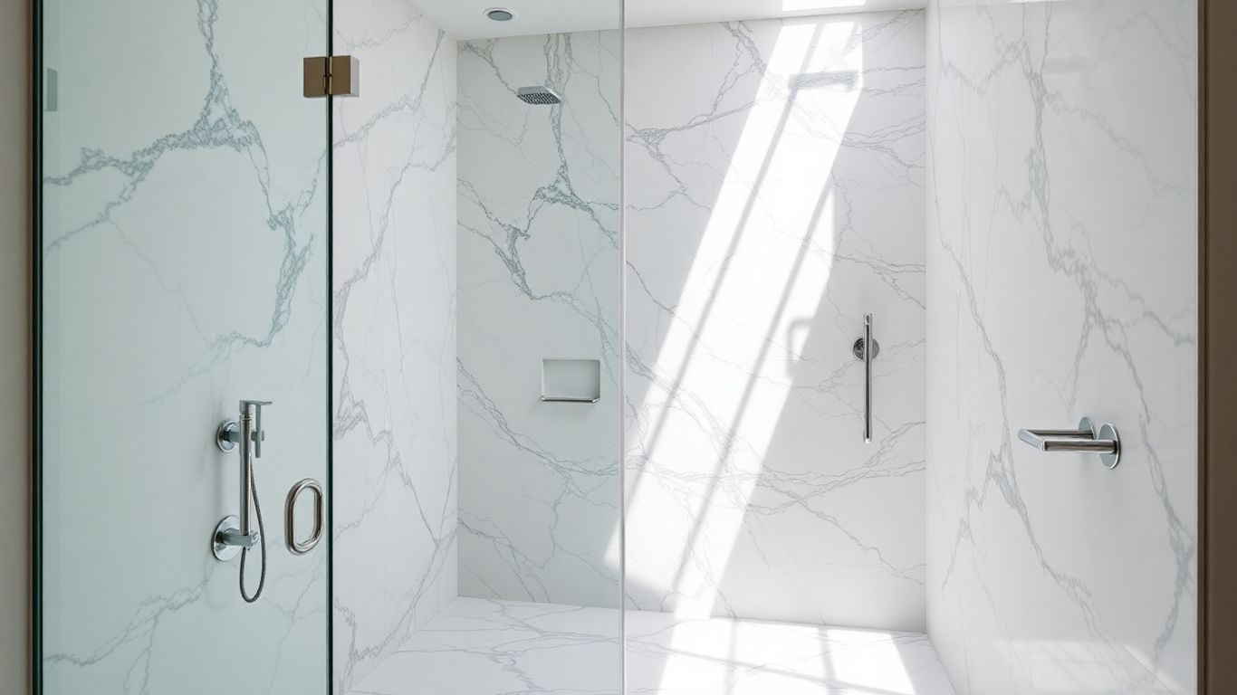 Elegant marble shower with natural light and modern fixtures.