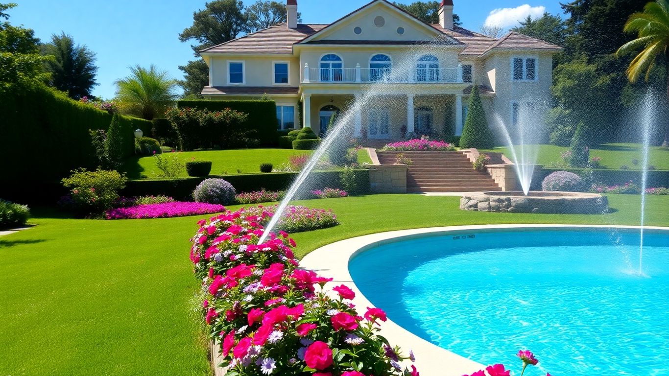 Luxury landscaping with pool and sprinklers.