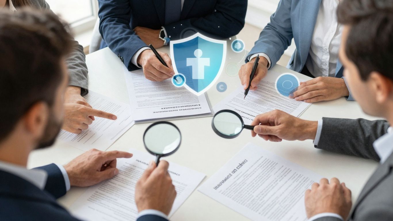 People reviewing insurance policies and financial protection symbols.