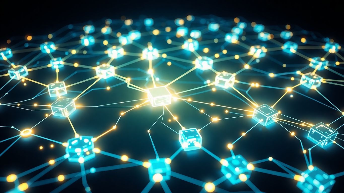 Interconnected digital blocks forming a secure network.