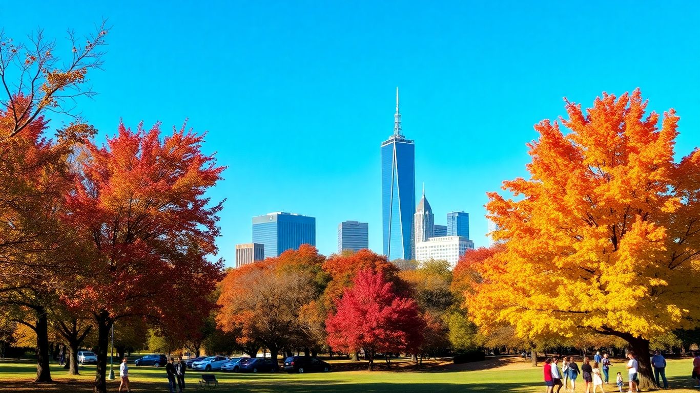 Dallas skyline with autumn foliage and people enjoying the outdoors.