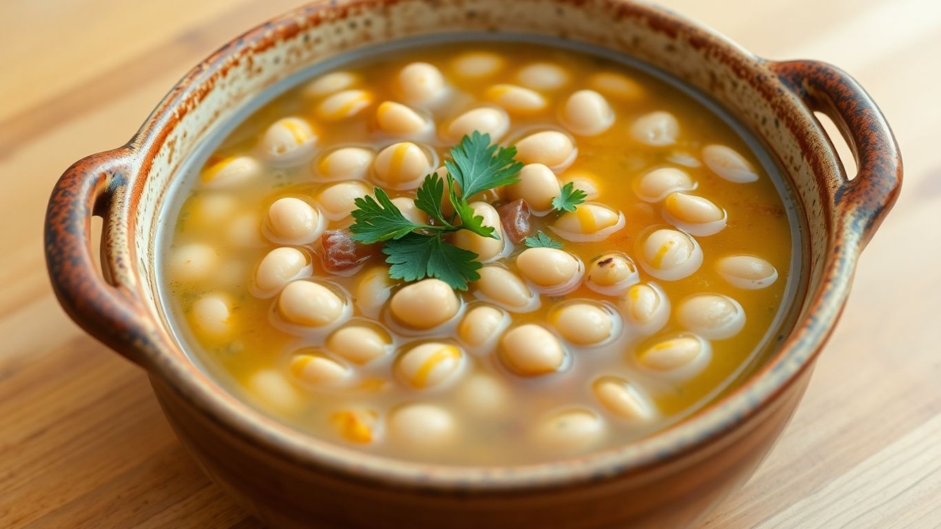 Bowl of Greek fasolada soup with parsley and olive oil.